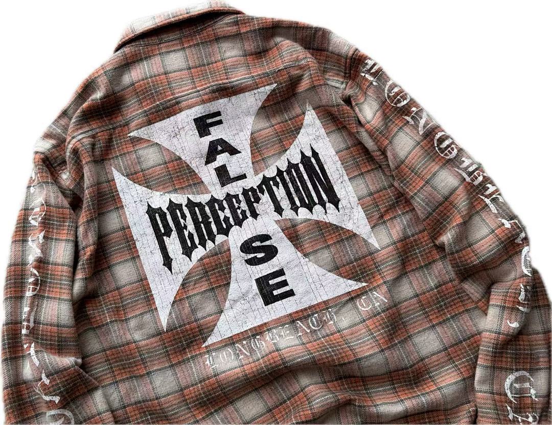 Street Ace False Perception Cross Print Distressed‑Hem Brown Plaid Shirt