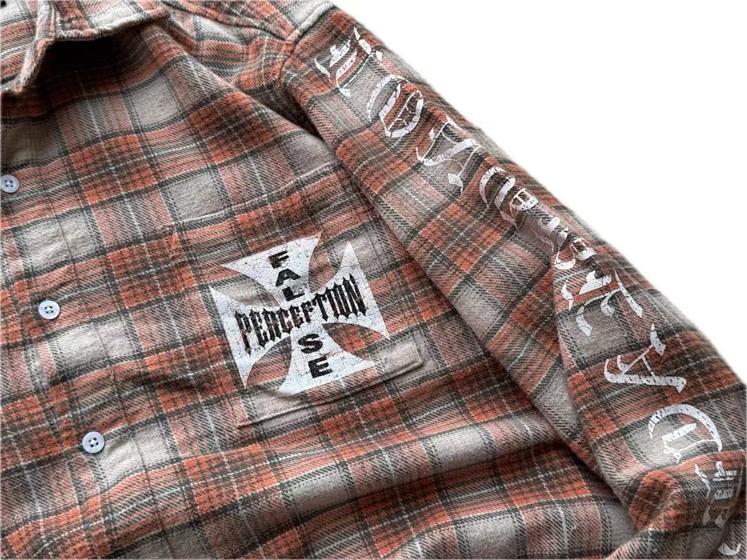 Street Ace False Perception Cross Print Distressed‑Hem Brown Plaid Shirt