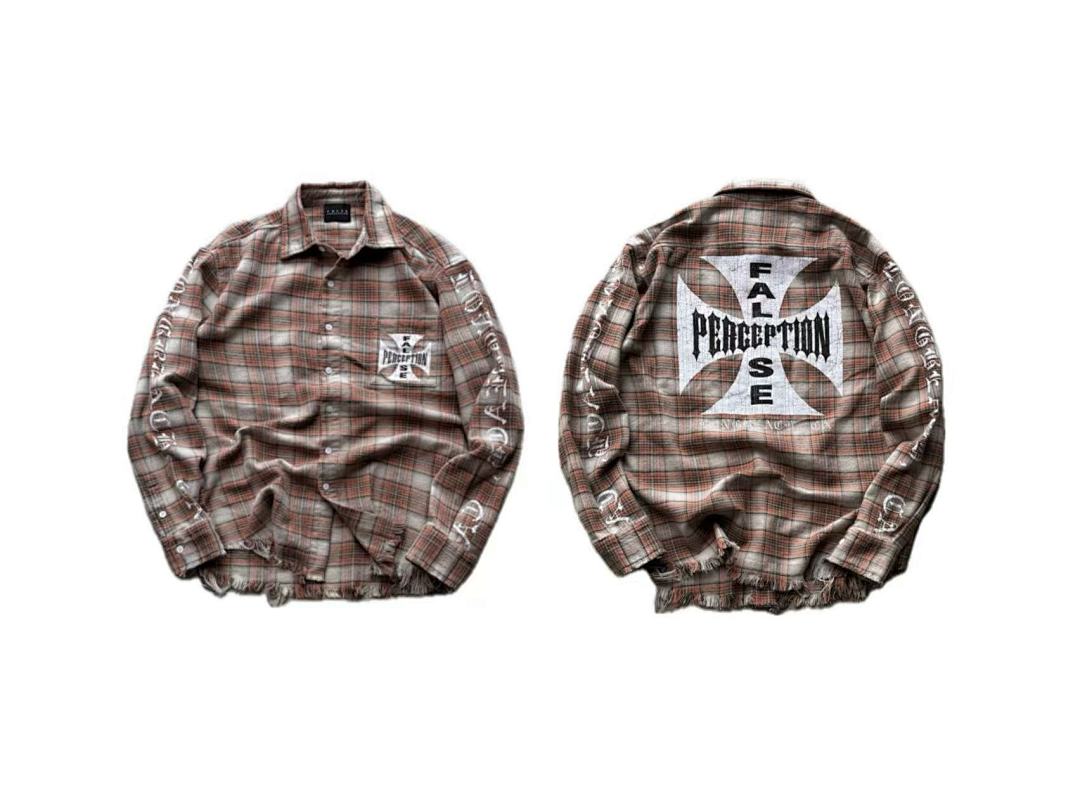 Street Ace False Perception Cross Print Distressed‑Hem Brown Plaid Shirt