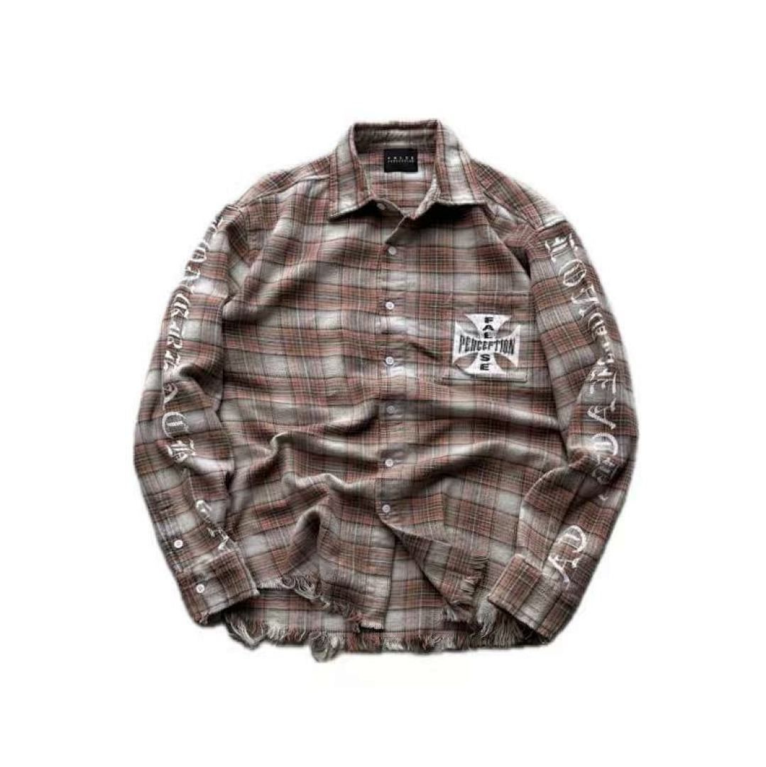 Street Ace False Perception Cross Print Distressed‑Hem Brown Plaid Shirt