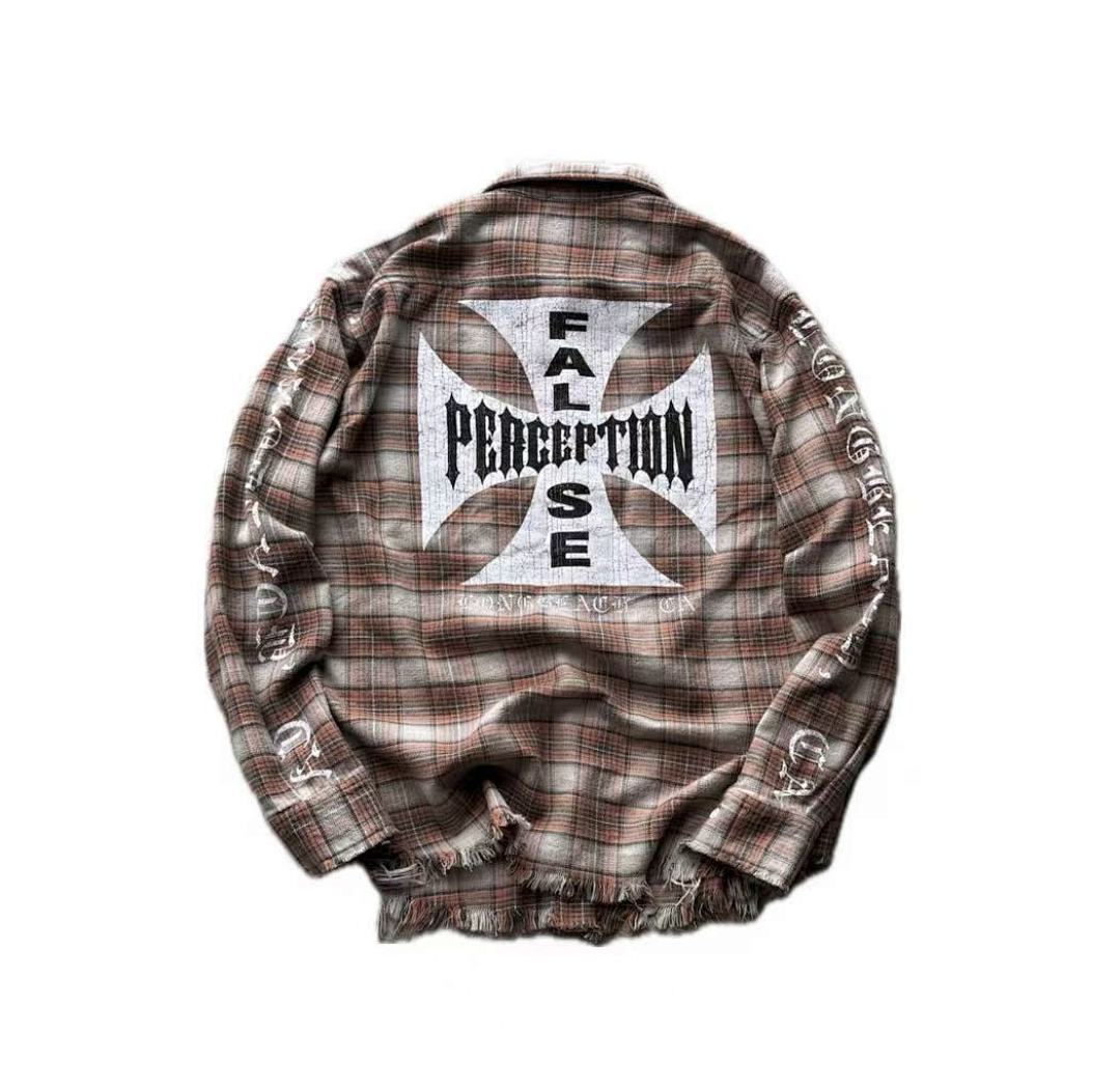 Street Ace False Perception Cross Print Distressed‑Hem Brown Plaid Shirt