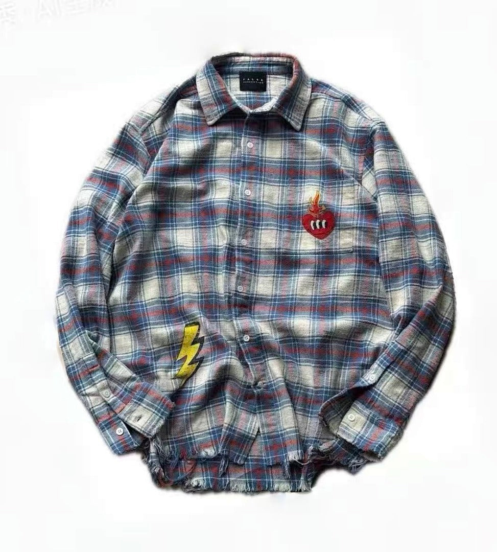 Street Ace False Perception Cartoon Print Distressed‑Hem Vintage Plaid Shirt