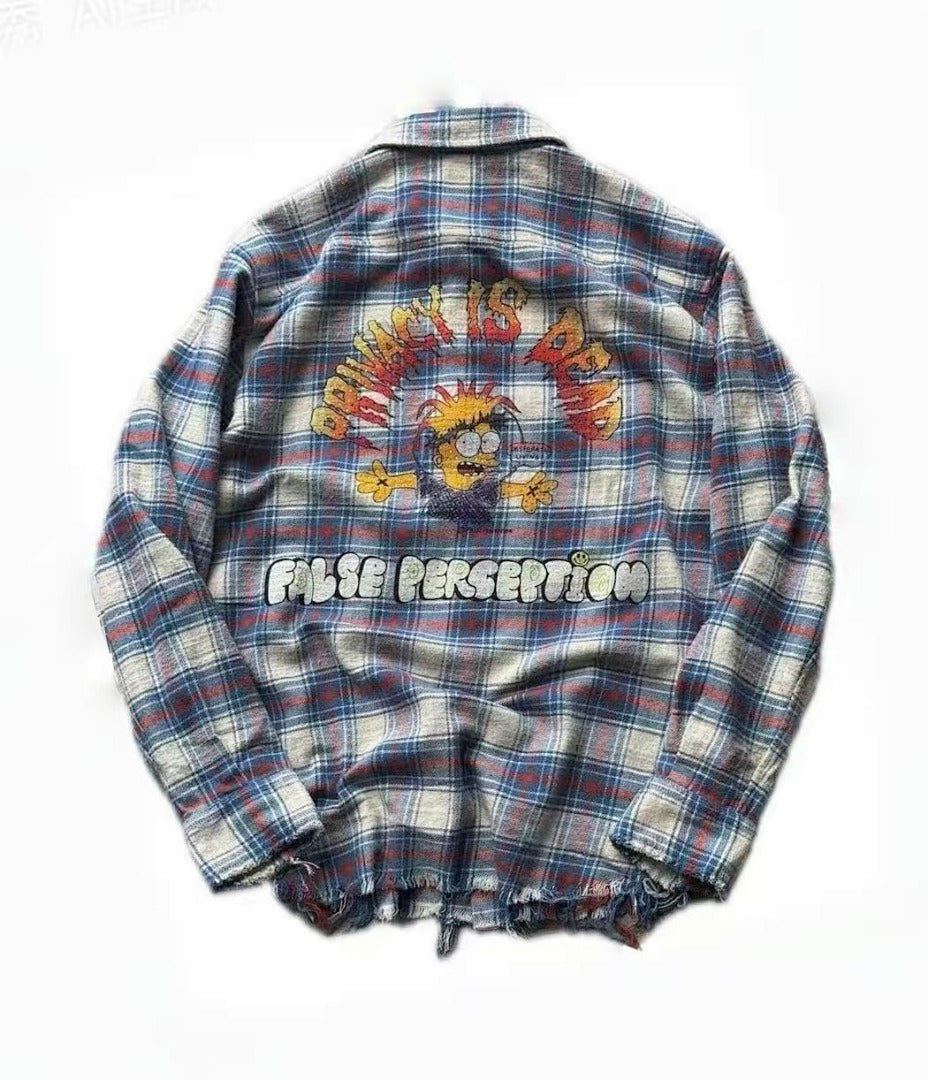 Street Ace False Perception Cartoon Print Distressed‑Hem Vintage Plaid Shirt
