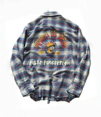Street Ace False Perception Cartoon Print Distressed‑Hem Vintage Plaid Shirt