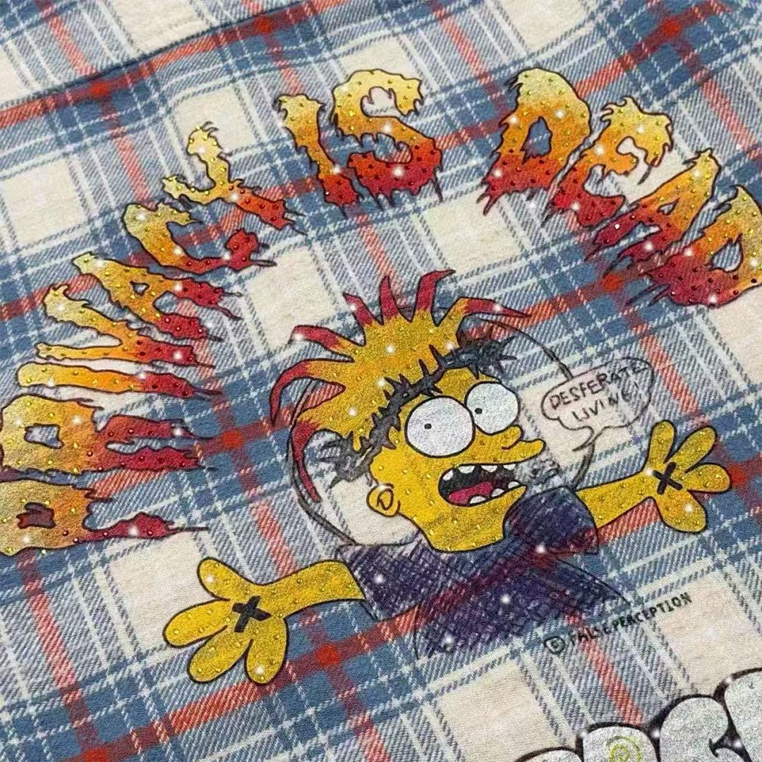 Street Ace False Perception Cartoon Print Distressed‑Hem Vintage Plaid Shirt