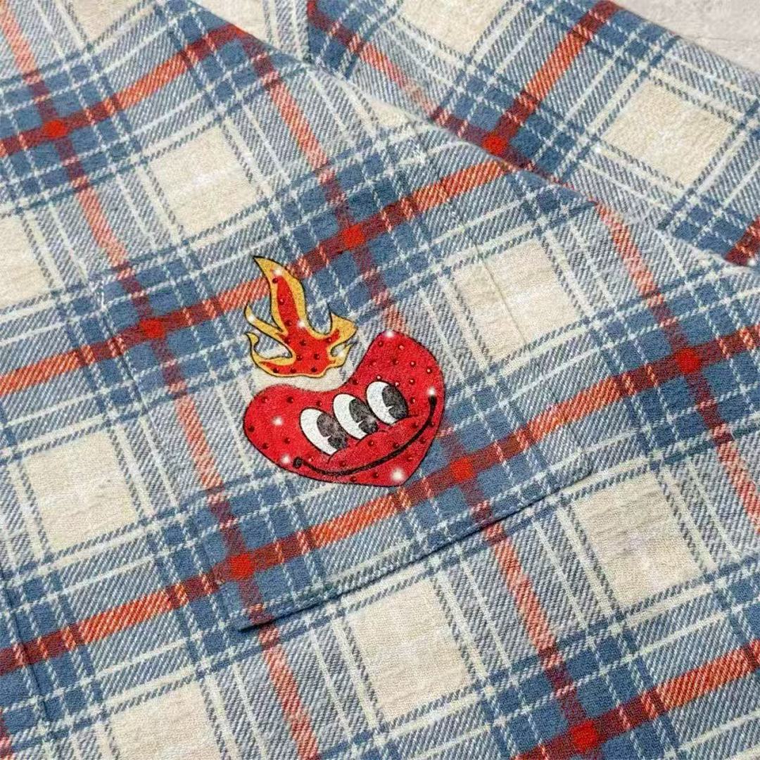 Street Ace False Perception Cartoon Print Distressed‑Hem Vintage Plaid Shirt
