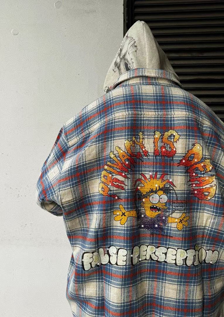 Street Ace False Perception Cartoon Print Distressed‑Hem Vintage Plaid Shirt