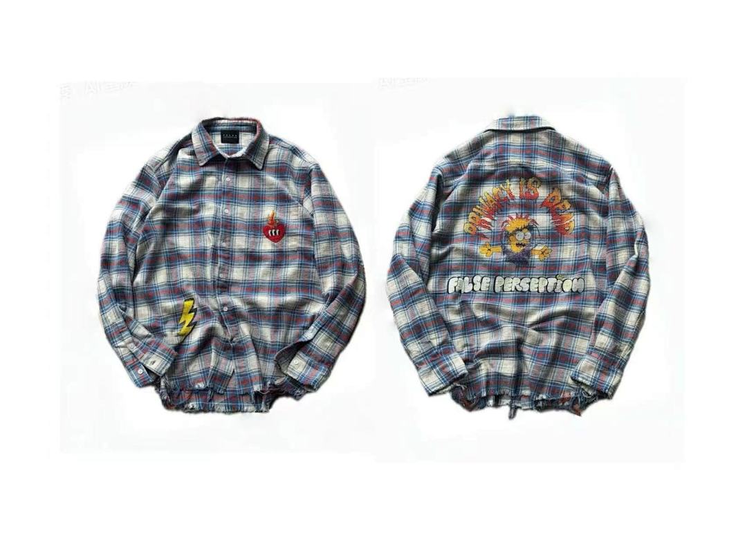 Street Ace False Perception Cartoon Print Distressed‑Hem Vintage Plaid Shirt