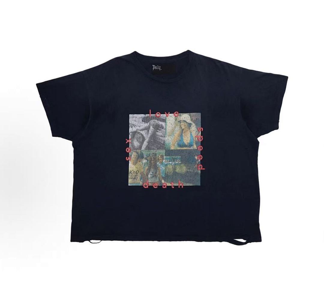 Play Hollywood Love Speed Death Sex Collage Print Distressed Cropped Tee