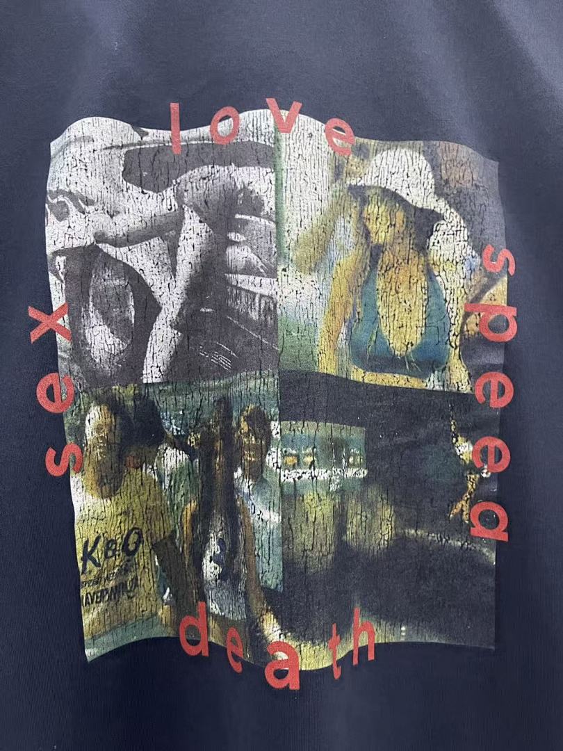 Play Hollywood Love Speed Death Sex Collage Print Distressed Cropped Tee