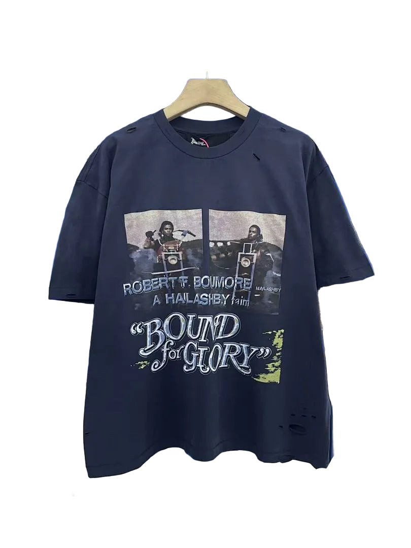 Play Hollywood Bound For Glory Biker Print Distressed Cropped Tee