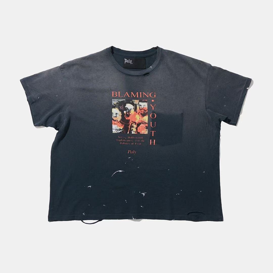 Play Hollywood Blaming Youth Collage Print Distressed Cropped Tee
