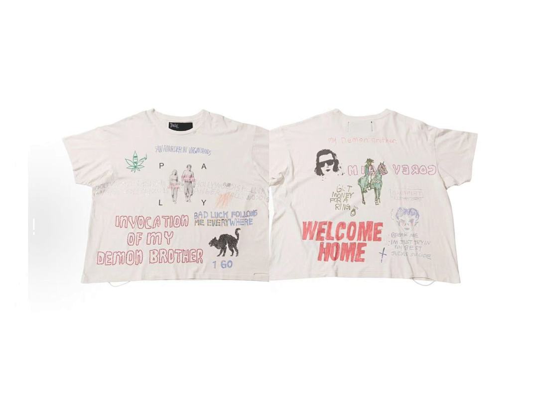Play Hollywood Welcome Home Demon Brother Doodle Print Distressed Cropped Tee