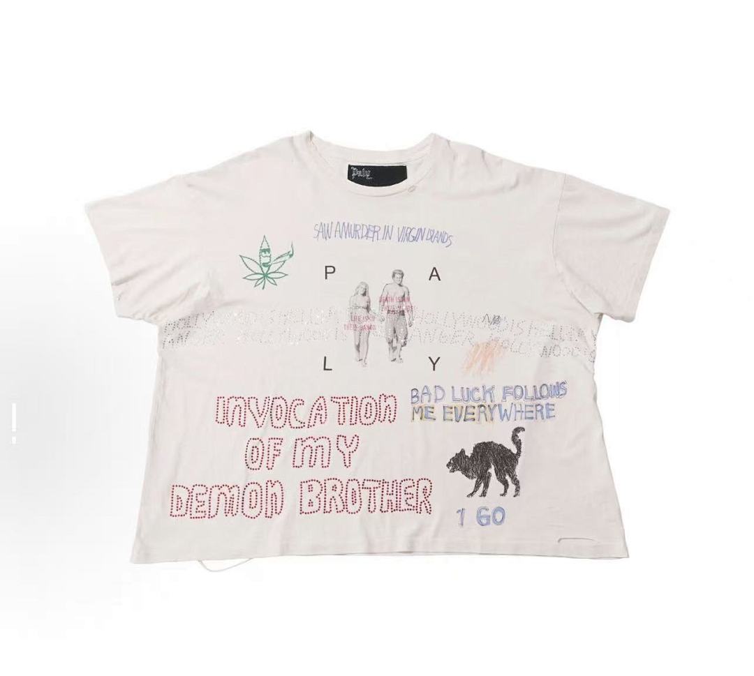 Play Hollywood Welcome Home Demon Brother Doodle Print Distressed Cropped Tee