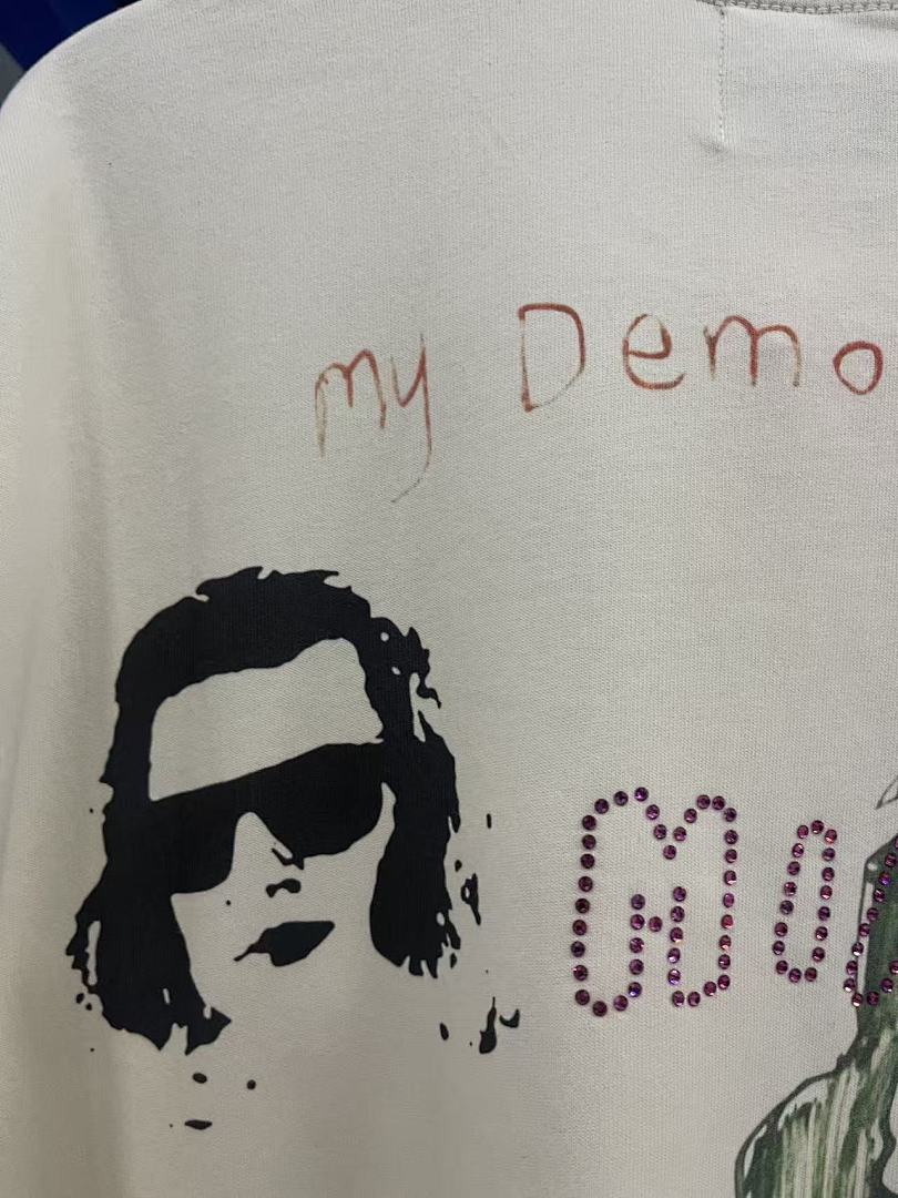 Play Hollywood Welcome Home Demon Brother Doodle Print Distressed Cropped Tee