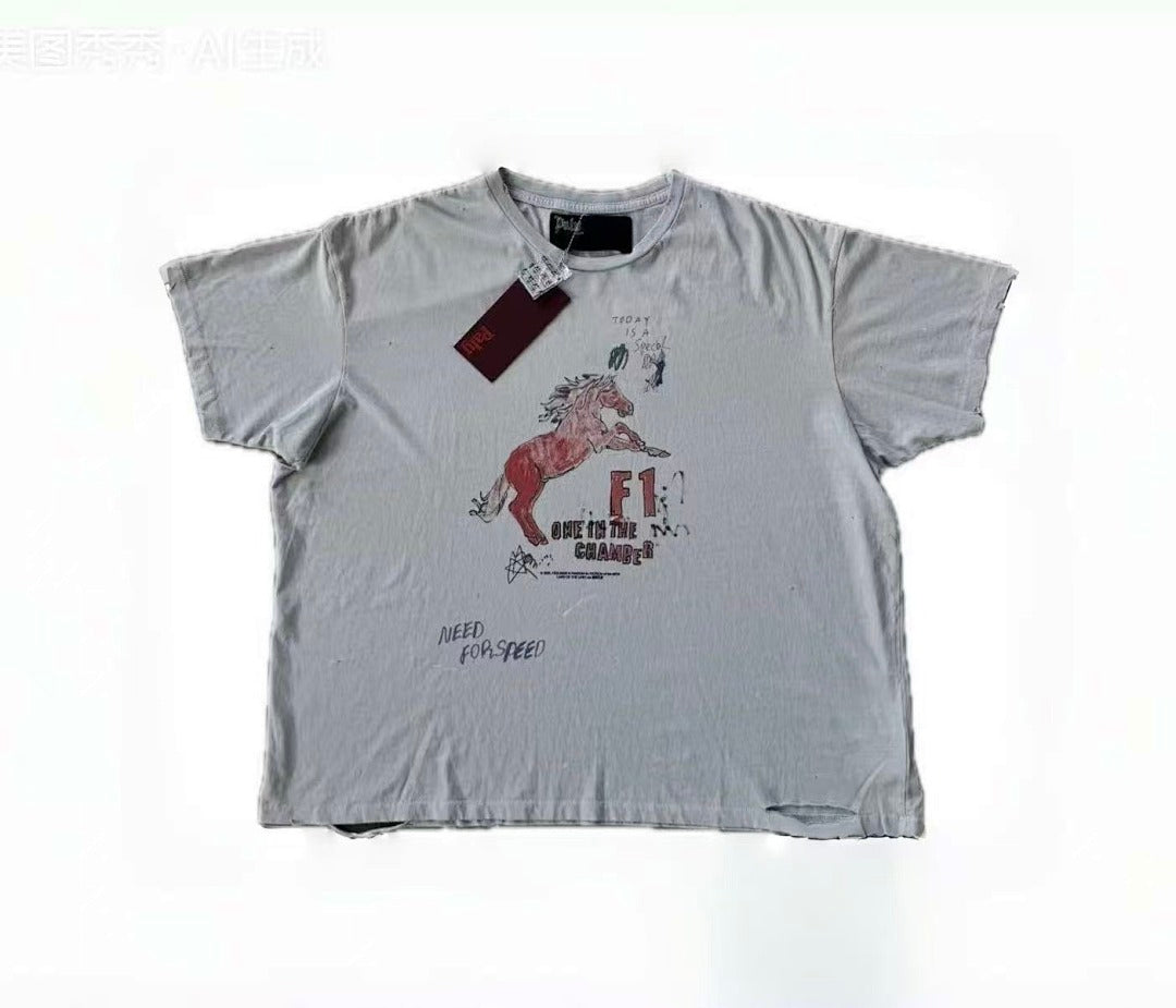 Play Hollywood F1 Horse Doodle Print Distressed Cropped Tee