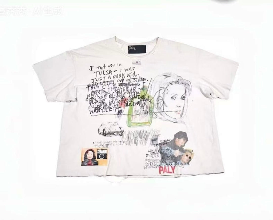 Play Hollywood Hand‑Doodle Portrait Collage Print Distressed Cropped Tee