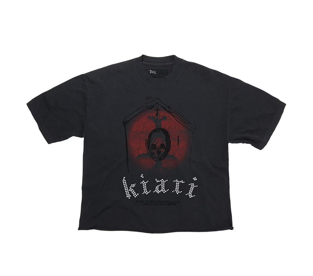 Play Hollywood Kiari Dark Skull Chapel Print Distressed Cropped Tee