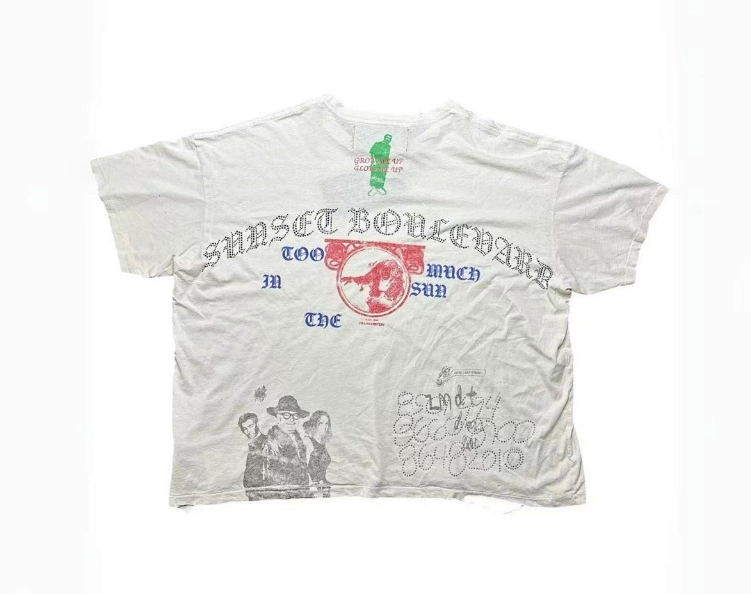 Play Hollywood Sunset Boulevard Double‑Print Distressed Cropped Tee