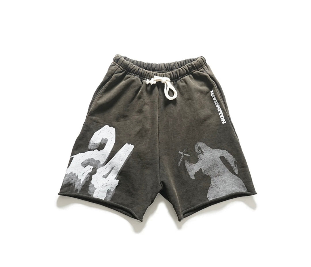 RRR123 Rivington 24 Ghost Print Raw‑Edge Sweat Shorts