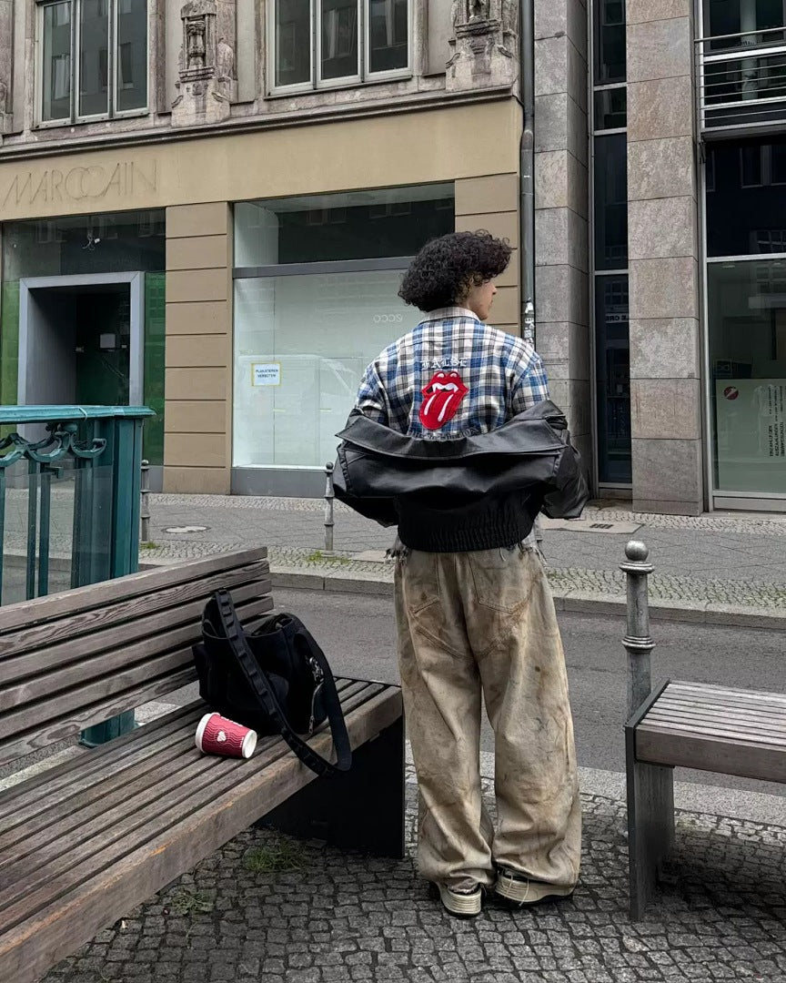 Street Ace False Perception Tongue Print Distressed‑Hem Plaid Shirt