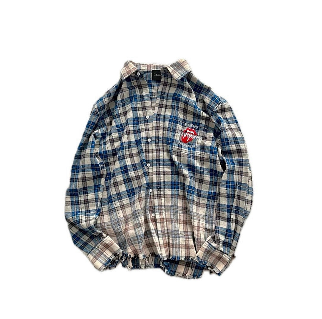Street Ace False Perception Tongue Print Distressed‑Hem Plaid Shirt