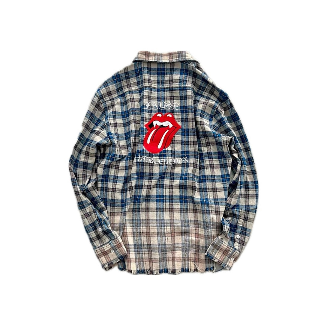 Street Ace False Perception Tongue Print Distressed‑Hem Plaid Shirt