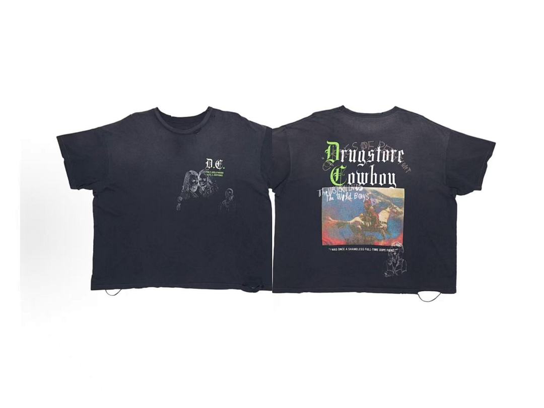 Play Hollywood Drugstore Cowboy Double‑Sided Print Distressed Cropped Tee