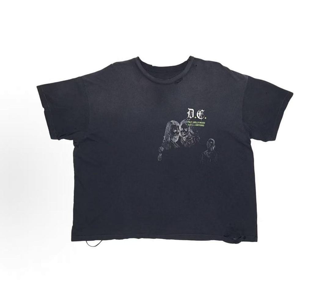 Play Hollywood Drugstore Cowboy Double‑Sided Print Distressed Cropped Tee