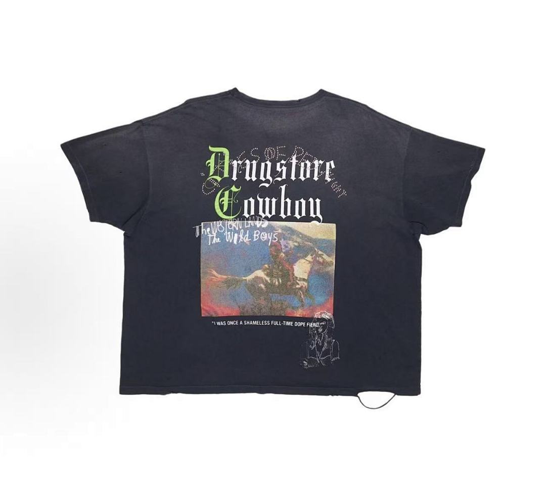 Play Hollywood Drugstore Cowboy Double‑Sided Print Distressed Cropped Tee