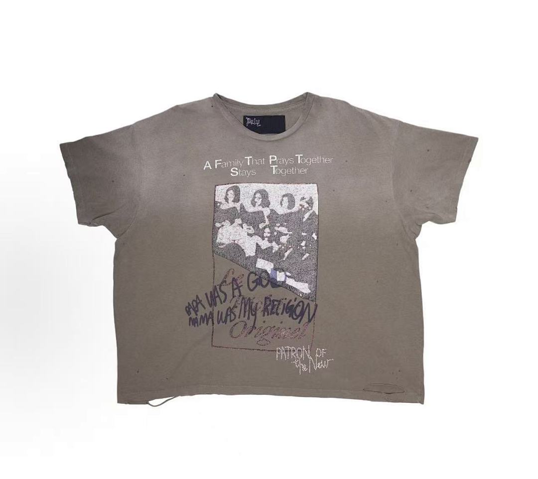 Play Hollywood Family Prays Photo‑Graffiti Print Distressed Cropped Tee