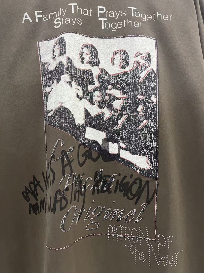 Play Hollywood Family Prays Photo‑Graffiti Print Distressed Cropped Tee