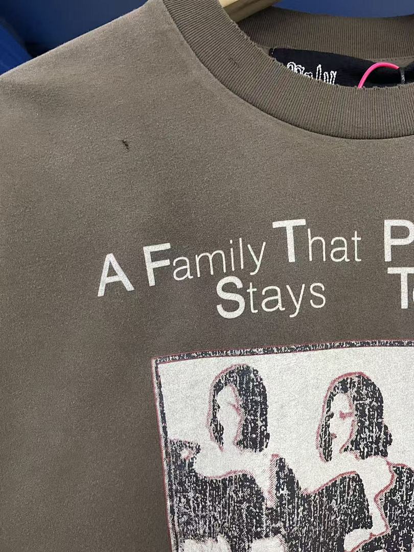 Play Hollywood Family Prays Photo‑Graffiti Print Distressed Cropped Tee