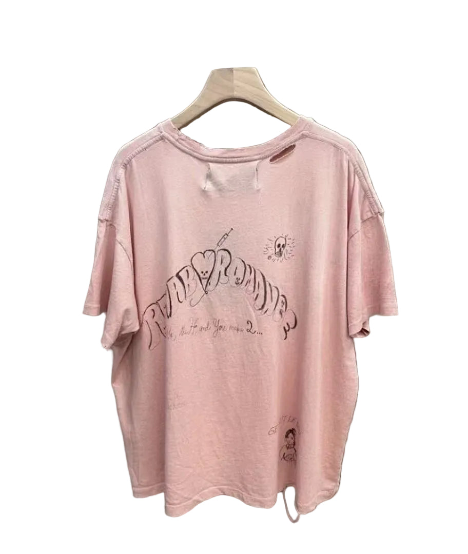 Play Hollywood Tooth Doodle Print Pink Distressed Cropped Tee