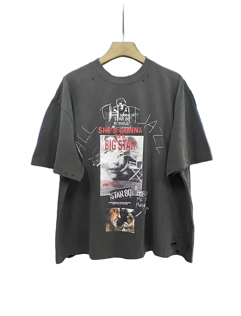 Play Hollywood Big‑Star Collage Print Distressed Cropped Tee