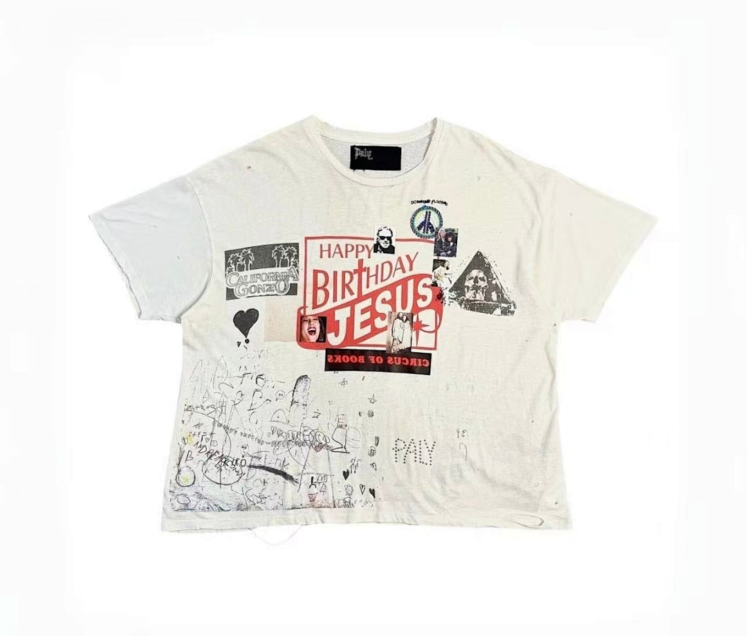 Play‑Hollywood Double‑Sided Collage Print Distressed Tee