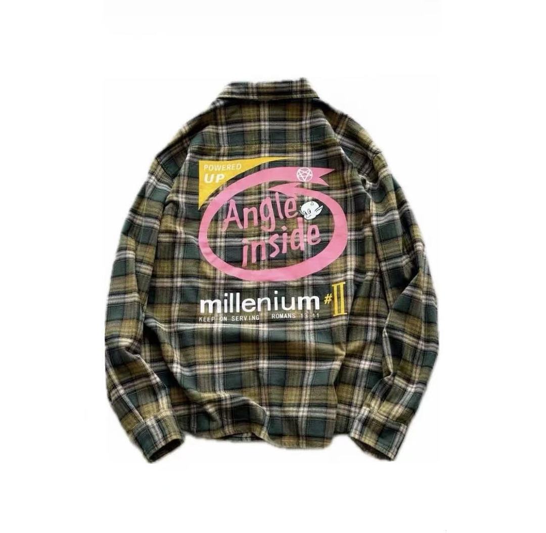 Street Ace Angle Inside Graphic Print Vintage Green Plaid Shirt