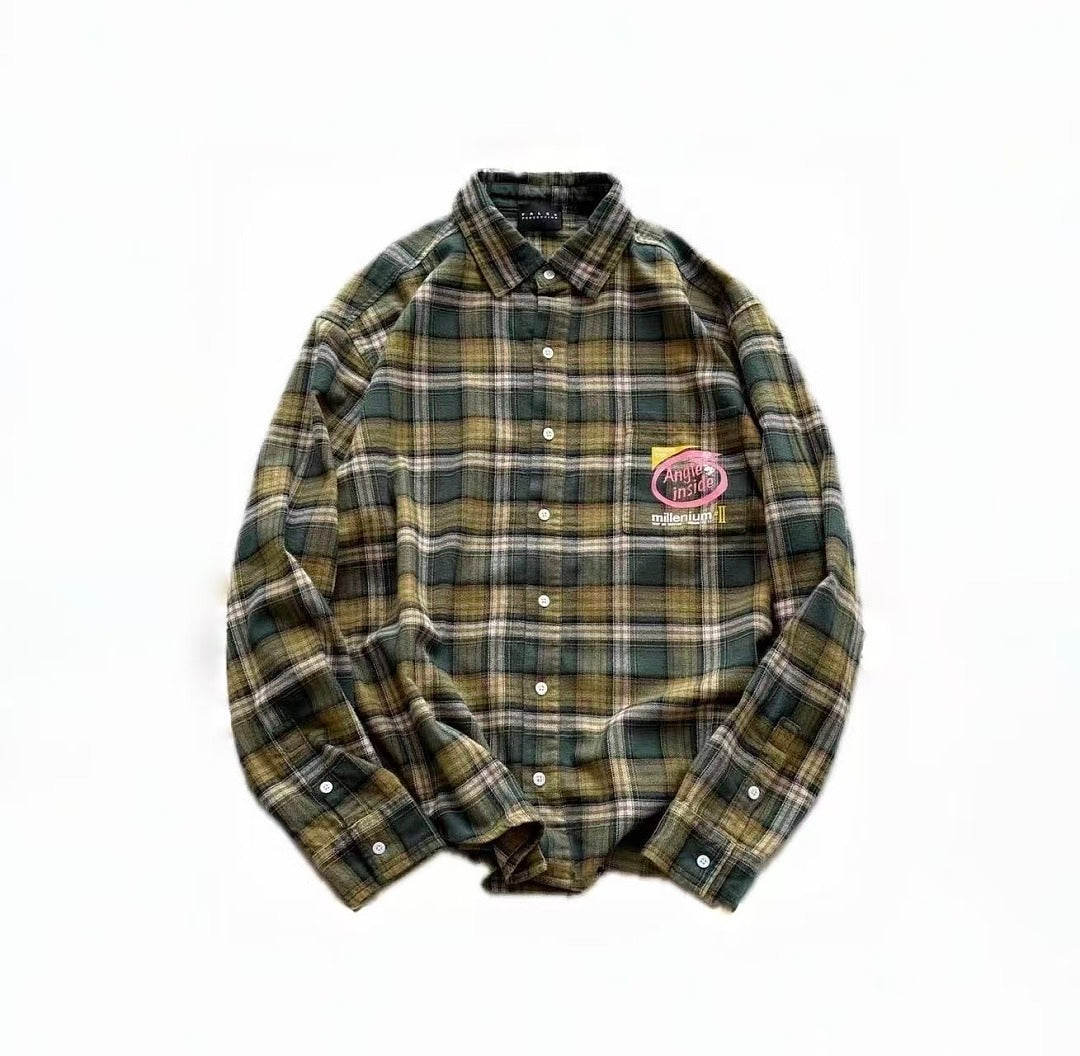 Street Ace Angle Inside Graphic Print Vintage Green Plaid Shirt