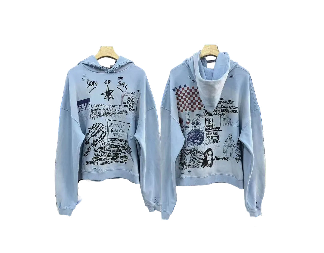 Play Hollywood Doodle Graffiti Double‑Sided Distressed Hoodie