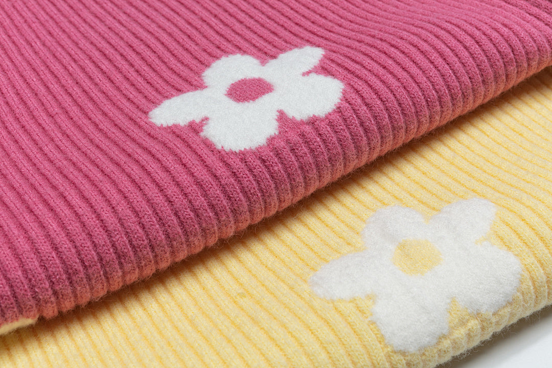 Floral Motif Ribbed Crewneck Knit Sweater