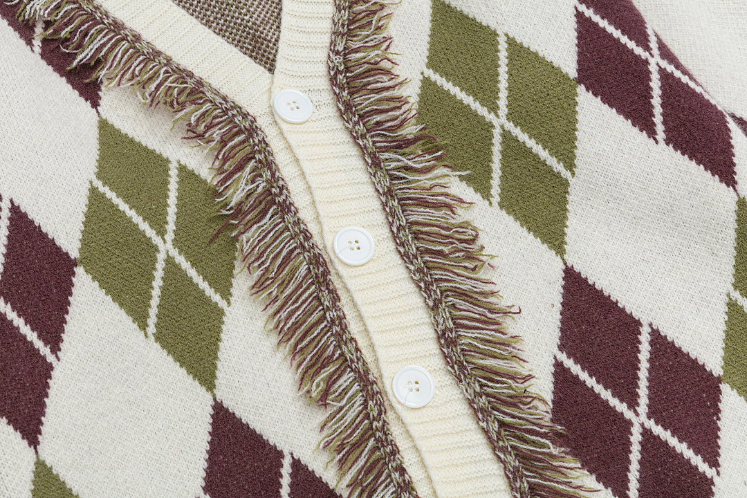 Argyle Tassel Fringe V‑Neck Knit Cardigan