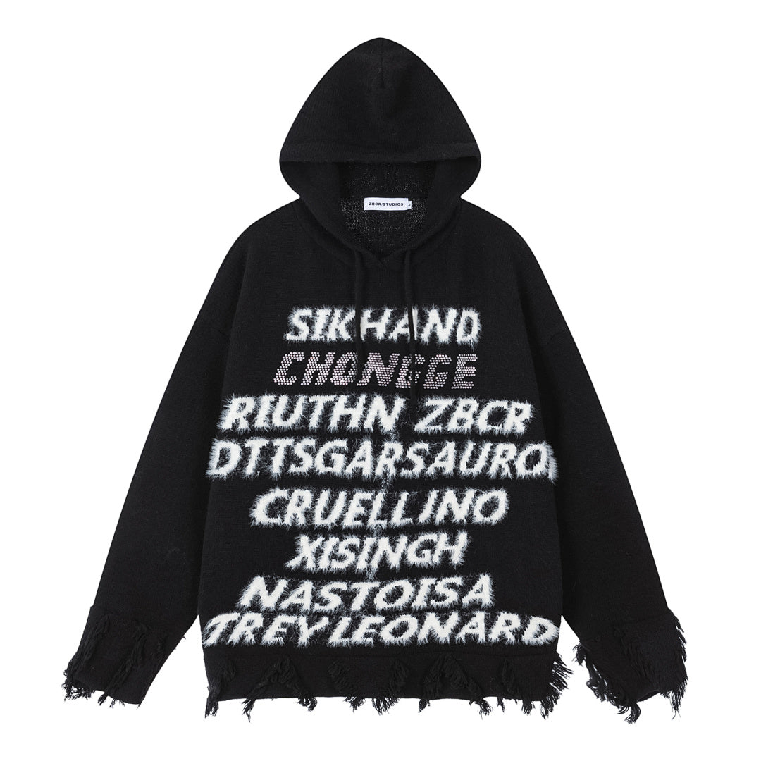 Distressed Fringe Knit Hoodie Multi‑Layer Letter Jacquard