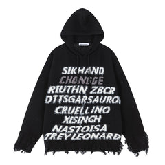 Distressed Fringe Knit Hoodie Multi‑Layer Letter Jacquard