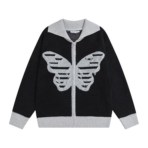 Butterfly Distressed Zip‑Up Knit Jacket