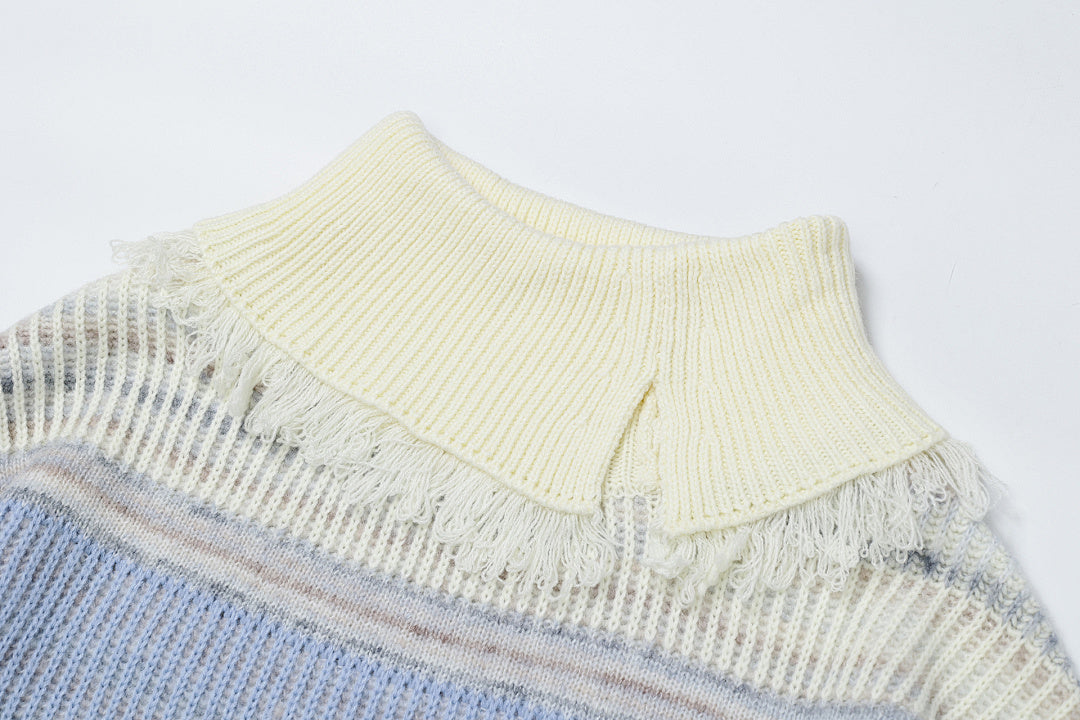 Pastel Stripe Fringe Collared Knit Sweater