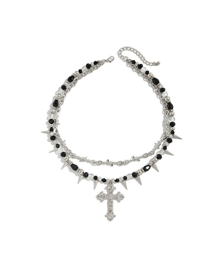 Layered Cross Spike Beaded Necklace