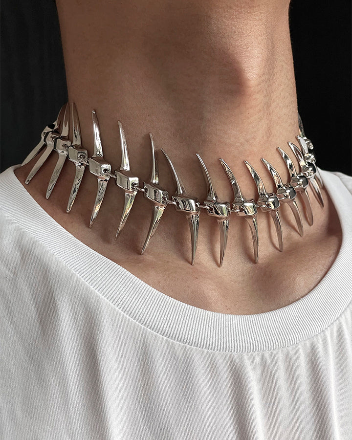 Silver Thorn Spike Fishbone Necklace
