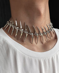 Silver Thorn Spike Fishbone Necklace