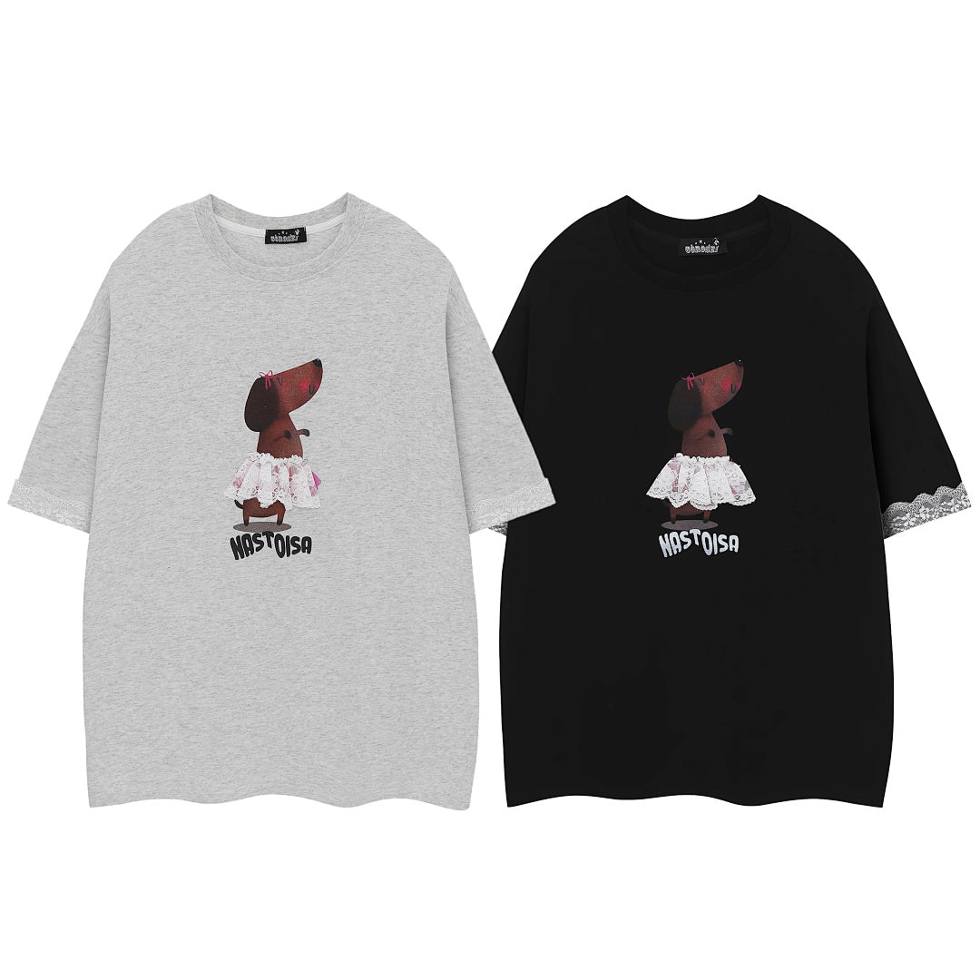 Ballet Dachshund Print Lace Cuff Tee