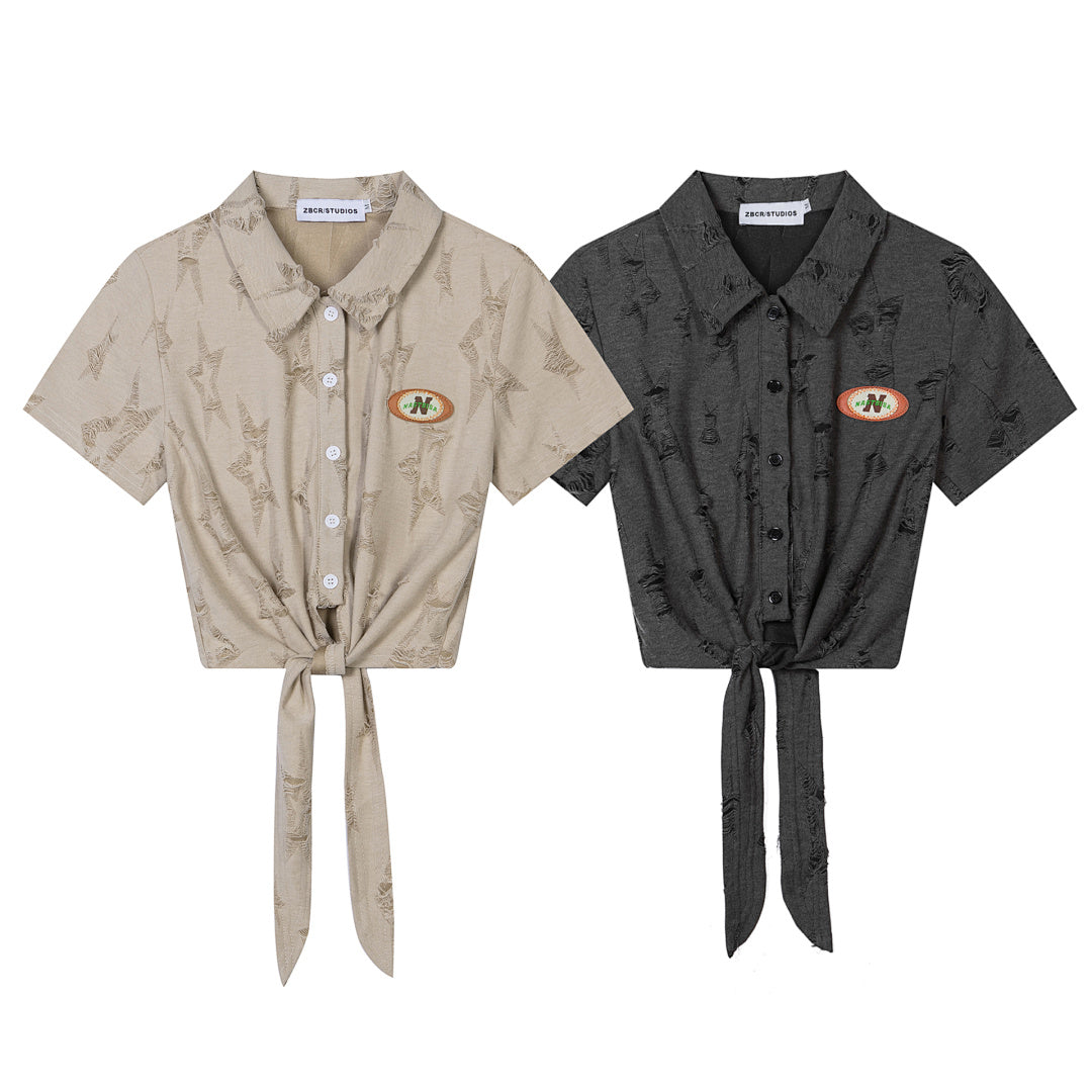 Distressed Jacquard Knotted Hem Patch Short Sleeve Shirt